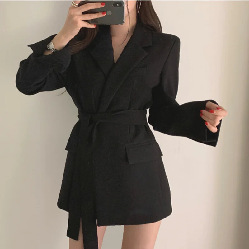 Lace-up Belted Lapel Blazers Women Spring Autumn Slim-fit Blazer Free Belt Cardigan Style 2021 Woman Black Office Work Suits New