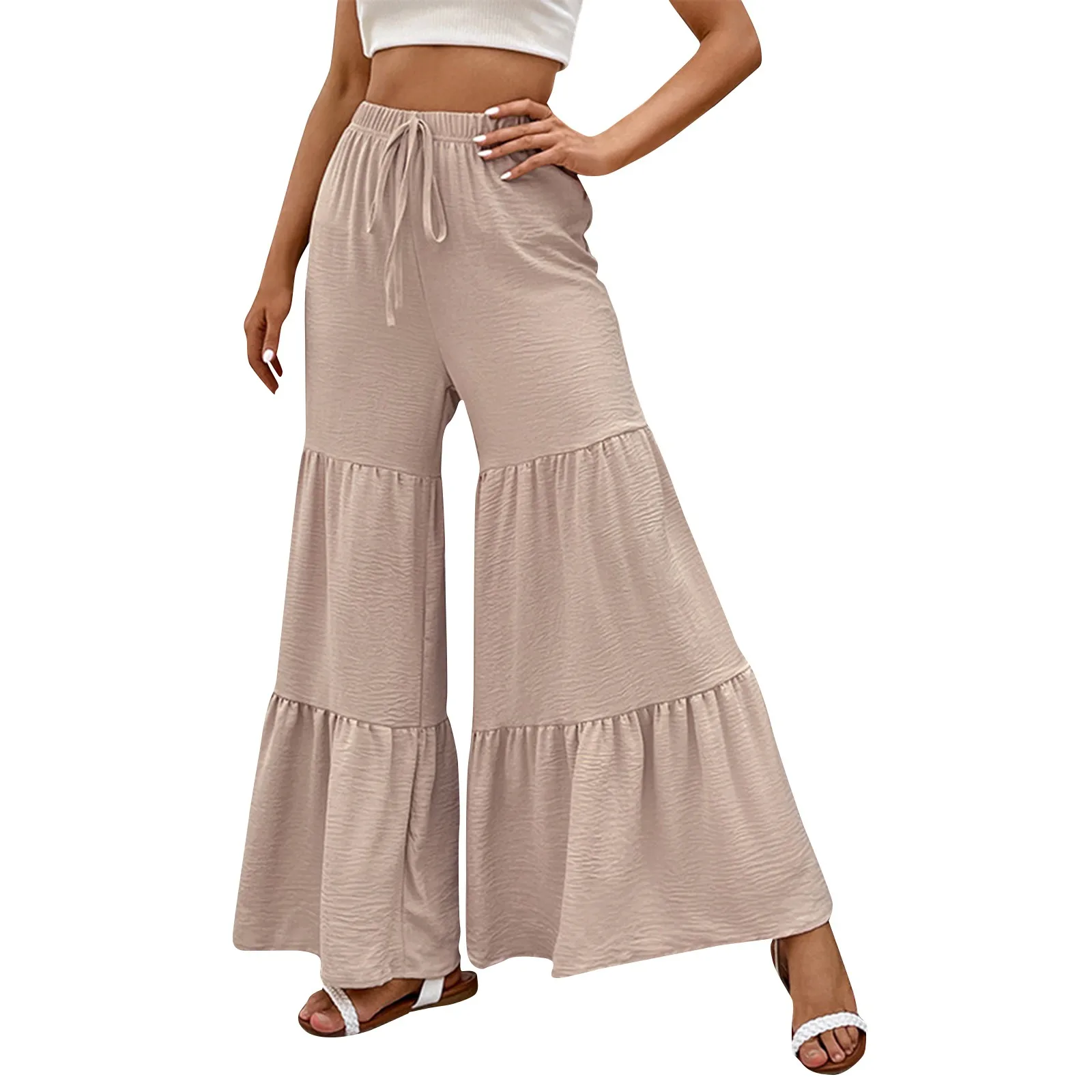 Модные и повседневные эластичные однотонные расклешенные брюки с высокой талией