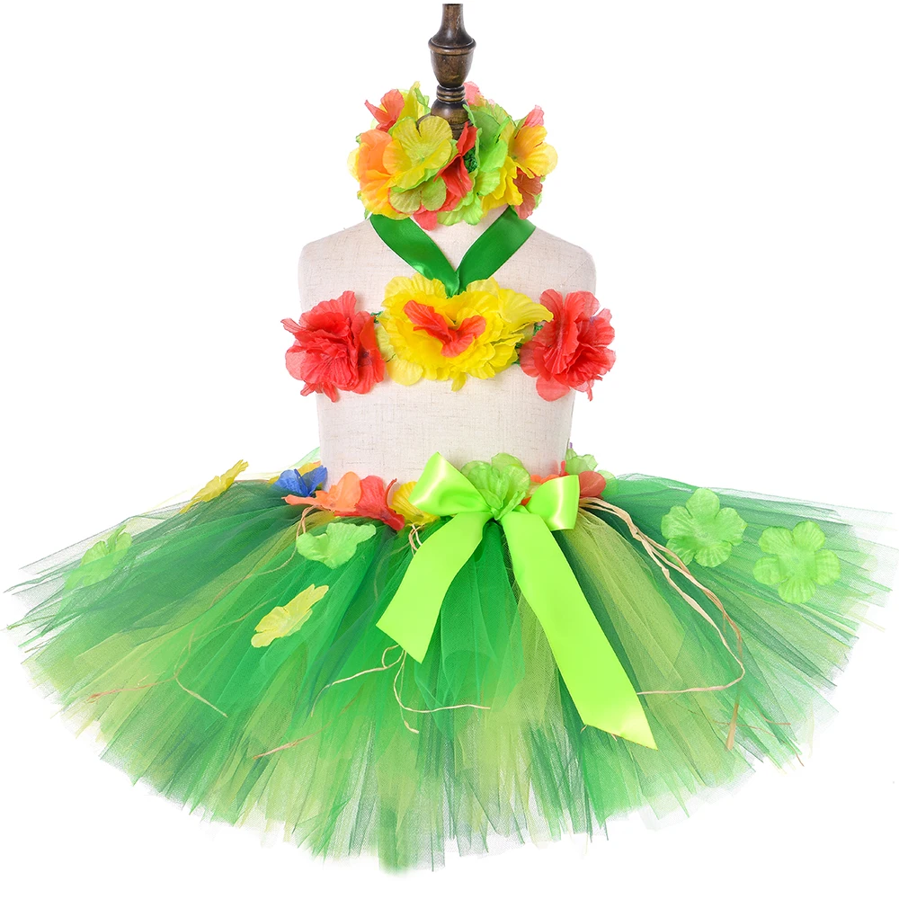 

Hawaii Hula Tutu Skirt Set for Luau Bonfire Beach Party Flowers Grass Kids Tulle Tutu Skirt Outfit Girls Dance Perform Clothes