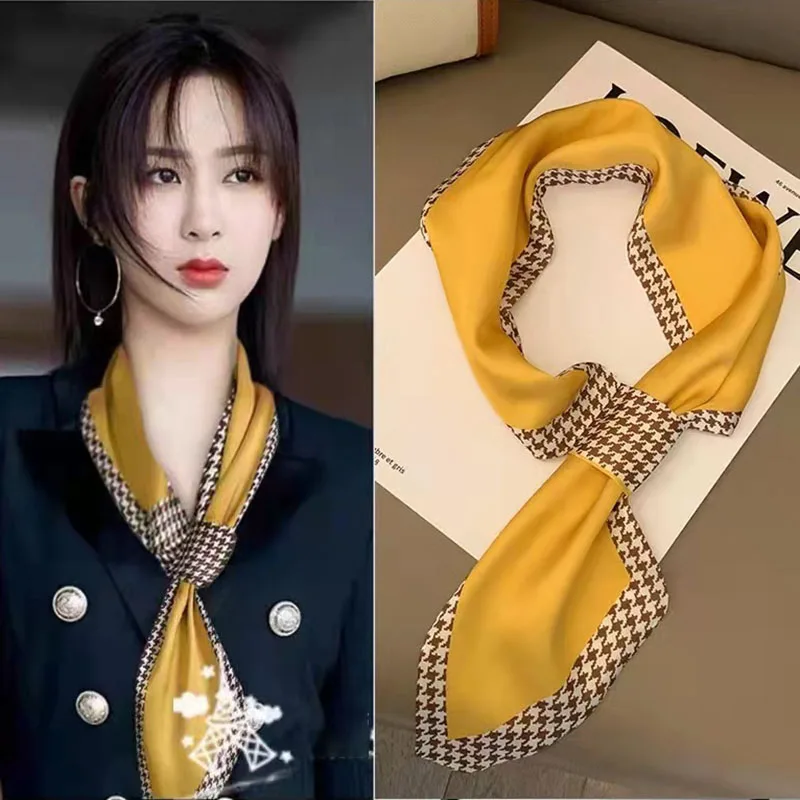 

New Versatile Double-sided Scarf Korean Version Decoration Interspersed With Streamers Small Ears Silk Scarf 2022 Polyester Plai