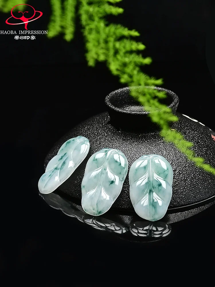 Hao8 Hot0f New Jade Leaf Pendant Natural a Goods Burmese Ice Floating Flower with Certificate