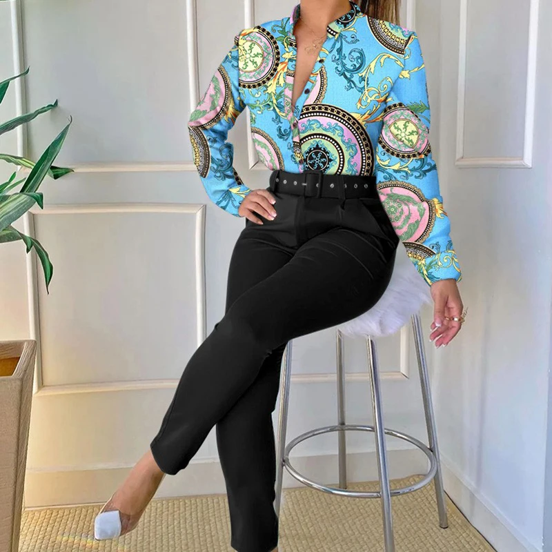 

Fashion Stand Collar Botton Top & With Belt Trousers Set Elegant Print Long Sleeve Slim Shirt Outfits Office Lady Shirt 2Pc Suit