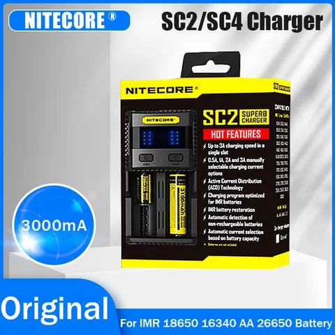 Оригинальное интеллектуальное зарядное устройство Nitecore SC4 SC2 с быстрой зарядкой, 4/2 слотов, 6 А, с общим выходом для IMR 18650 14450 16340 AA батарей