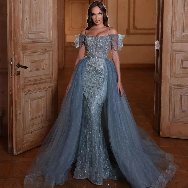 

2022 Mermaid Evening Dresses With Detachable Train Spaghetti Strap Sequined Celebrity Gown Beading Tulle Arabic Dubai Vestidos