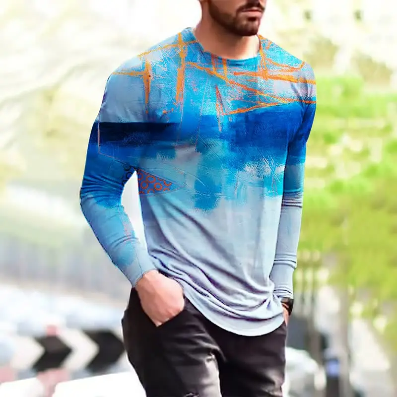 

XXS-6XL Plus Size Men's Clothing Fashion T-Shirts Autumn Long Sleeve Tie-dye Gradient Street Tee 3D Printing Oversized Male Tops