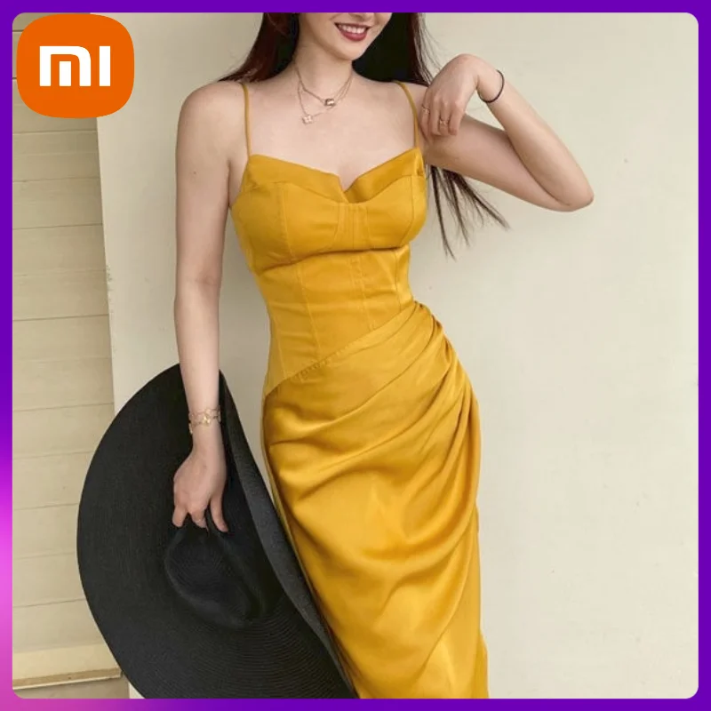 

XIAOMI Beach Party Midi Dress Women Summer Backless Vintage Elegant Sexy Strap Sundress Irregular Bodycon Fashion Clothing