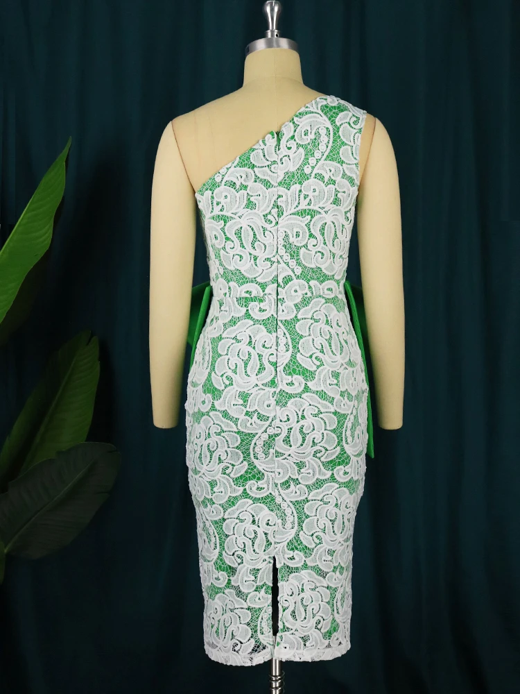 One Shoulder Dresses Sleeveless Women Bodycon Green Lace Patchwork Cocktail Event Party Outfits for Ladies Plus Size 4XL