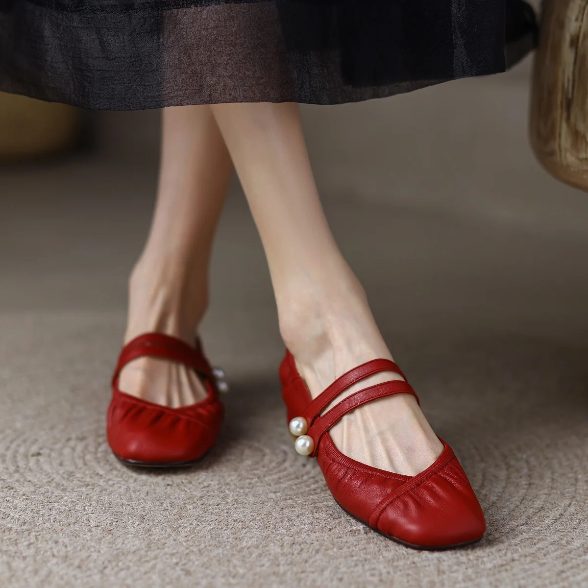 

Daily Simple Flats SqaureToe Spring Ballet Shoes Cowhide Buckle Straps Low Heels Elegant Pleated Mary Jane Woman Ballet Shoes