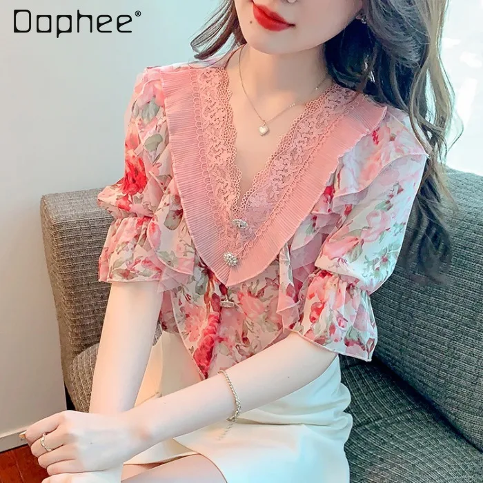 

Elegant Women's Pink Floral Chiffon Shirt 2022 Summer New Loose Fashion Half Sleeve V-neck Stitching Lace Pullover Top Ladies
