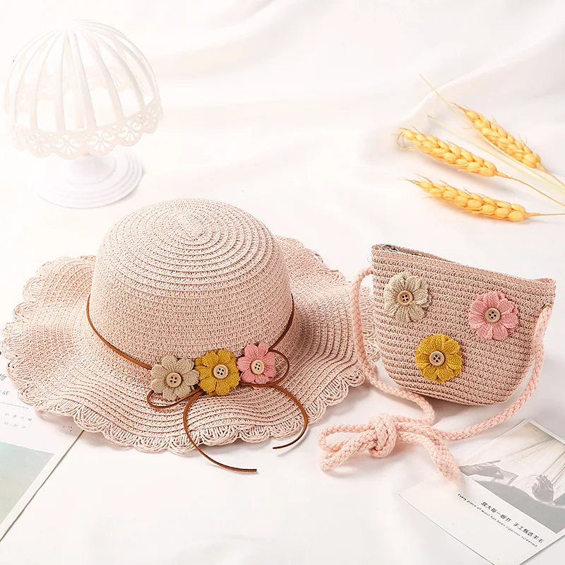 Princess Baby Girls Beach Sun Hats Cute Flower Children's Straw Woven Shoulder Bag Boys Kids Mini Coin Purse Crossbody Bags