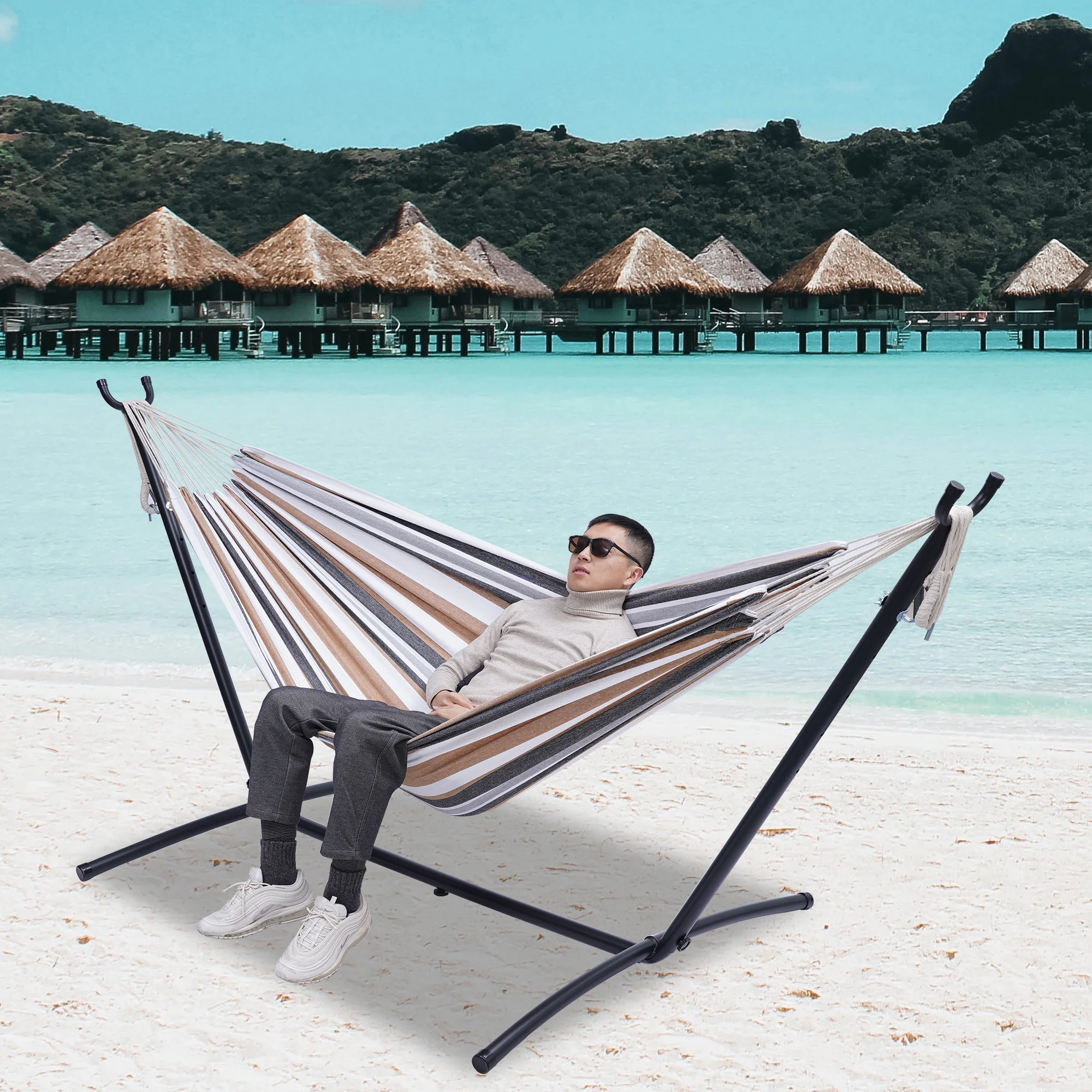 

Double Classic Hammock with Stand for 2 Person- Indoor or Outdoor Use-with Carrying Pouch-Powder-coated Steel Frame