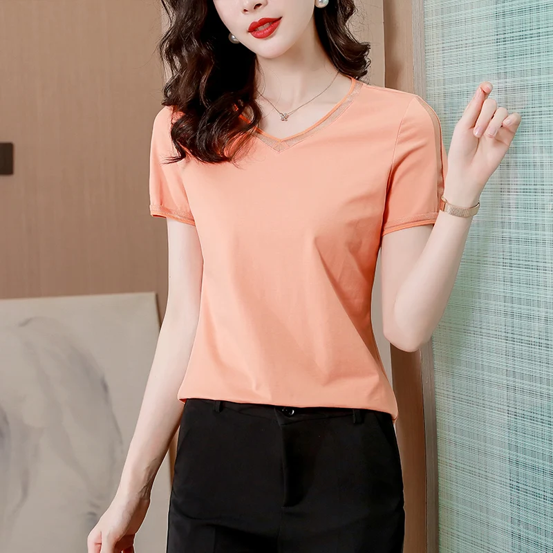 

2022 Summer Season New Design V-Neck Short Sleeve Shirts For Women Clothing Cotton Casual Orange Solid Color Blouses Tees