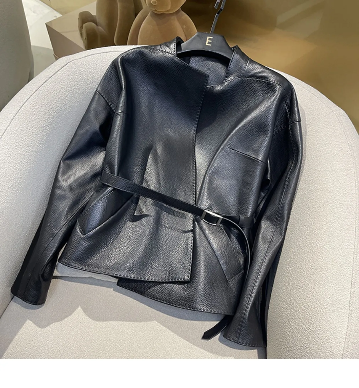 2023 Spring Elegant OL Leather Coat Women's High Quality Designer Sheeskin Belt Jackets C552