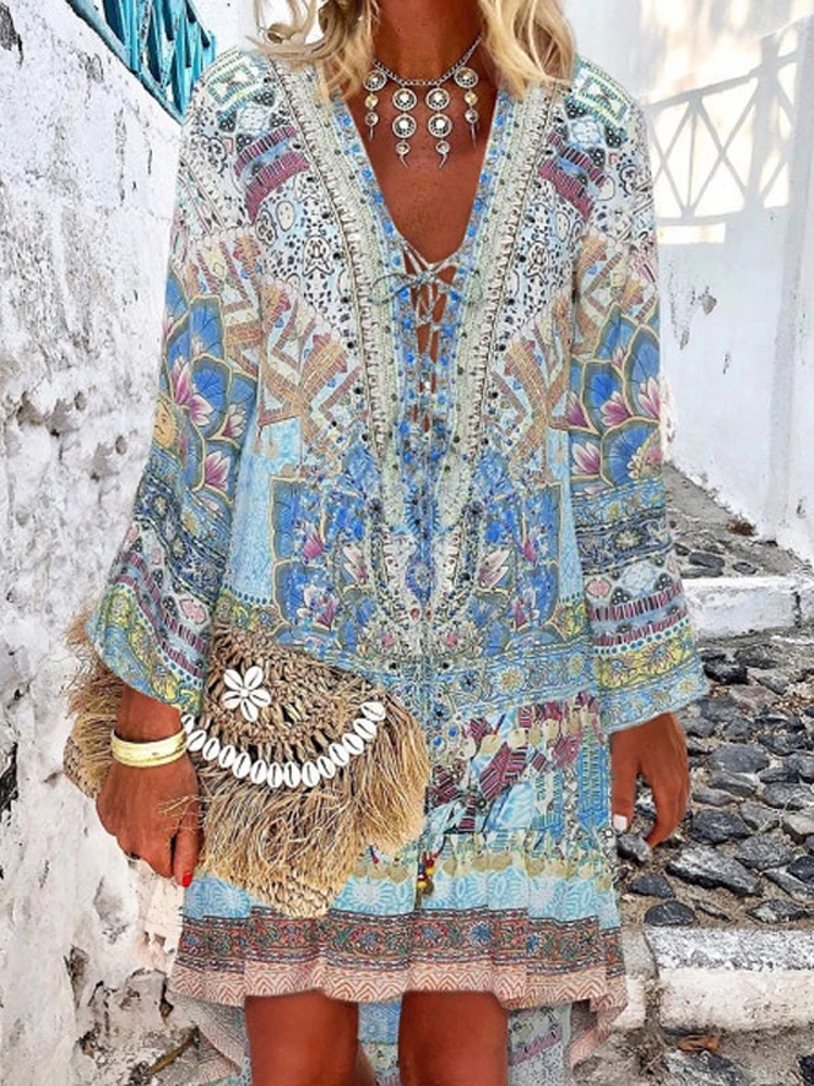 

Deep V Neck Lace Up Dress Women Long Sleeve Summer Dress 2021 Boho Style Beach Dress Loose Fit Fashion Aesthetic Floral Dress
