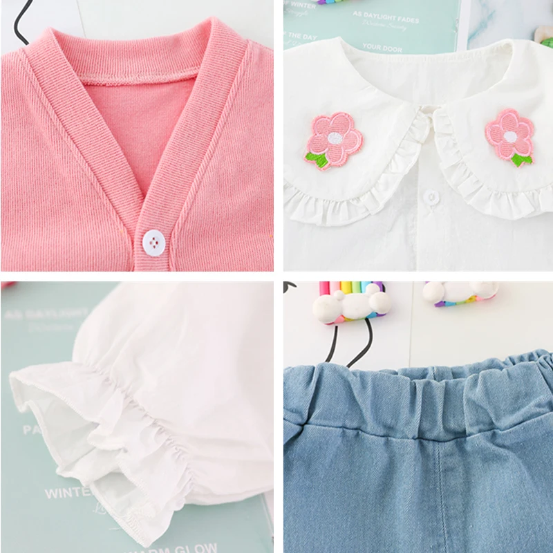2022 Spring Baby Girls Clothing Sets Infant Clothes Outfit Newborn Flower Coats Lace Shirt Jeans Children Vacation Costume