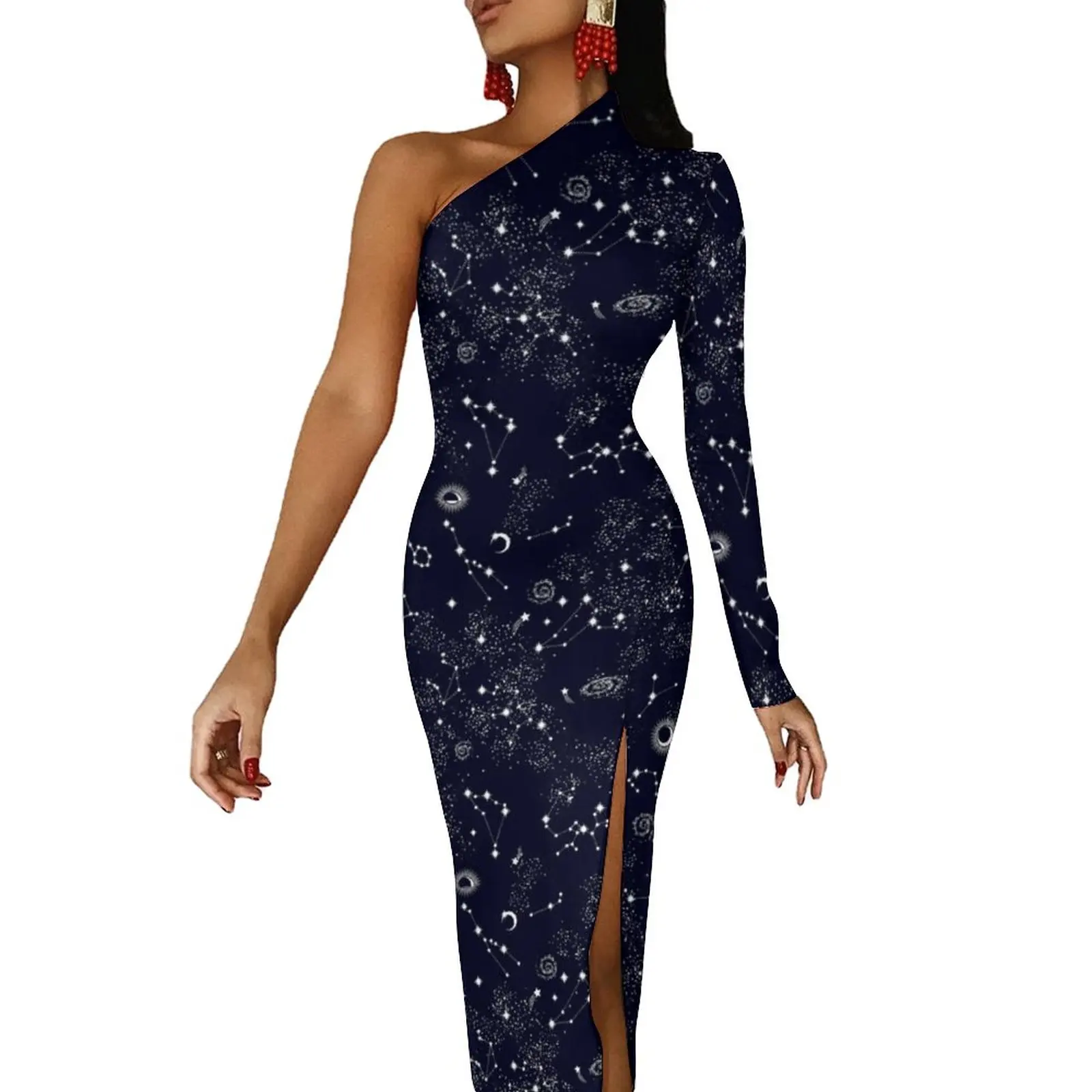 

Galaxy Print Maxi Dress Outer Space Constellation Pattern Aesthetic Bodycon Dresses High Slit Elegant Dress Lady Pattern Vestido