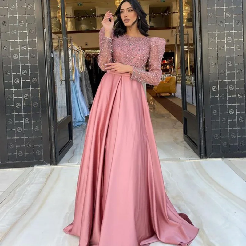 

Mesh Hollow Stitching Long Sleeve Modest Tea Length A Line Evening Coctail Dress Women Gown Suitable for Formal Partie Vestidos