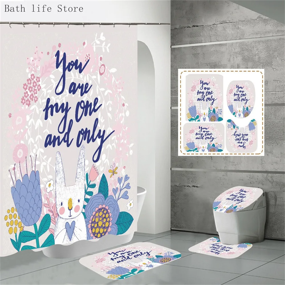 

Easter Shower Curtains Egg Cute Rabbit Flower Plant Waterproof Fabric Bathroom Decor Hanging Curtain Set With Hook Mat Rug Set