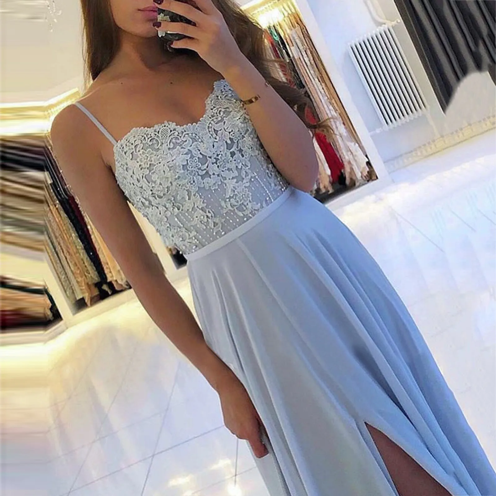 

Women's Elegant Dresses Sexy Transparent Lace Embroidery V Back Sling Bride Bridesmaid Wedding Dress Swing Party Dresses