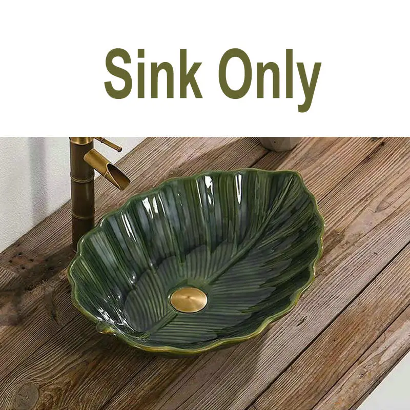 Artistic Glazed Leave Bowel Sink Engraved Wash Basin Ceramic Round Coutertop Bathroom | Sinks