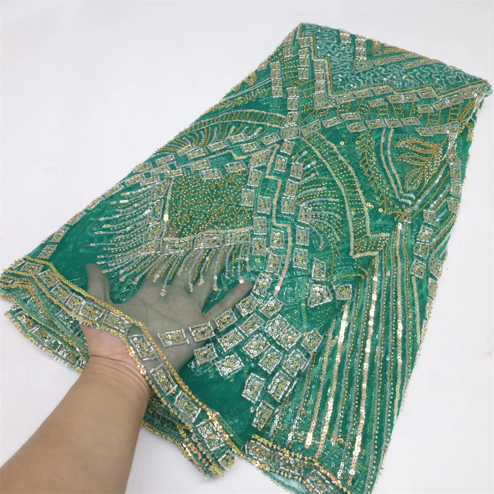 

Luxury Nigerian Sequin Fabrics Beaded Lace Fabric Embroidered Tulle Fabric African Lace Fabric For Wedding Party Dresses LY1743