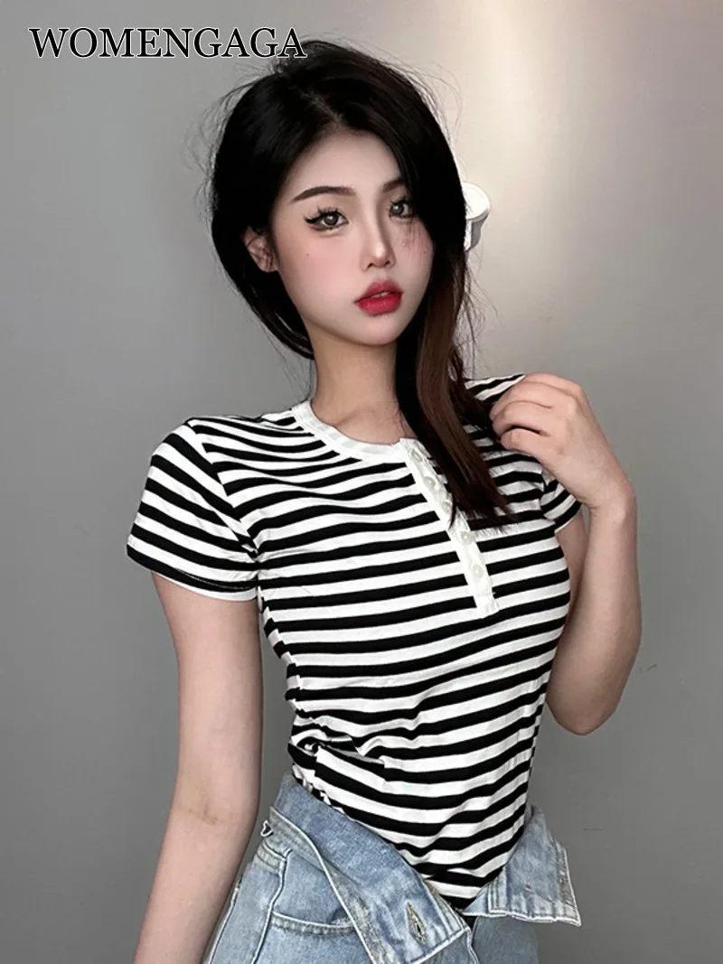 

WOMENGAGA Korea Stripe Slim Casual Korean O Neck Short Sleeve T-shirt Top Women Sweet Tees Fashion Women Tops 2023 Summer 6MYH