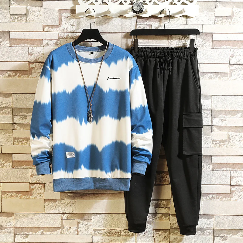 

Plus Size Men's Suit Two-Color Tie-Dye Long-Sleeved Sweater+Solid Color Pants Casual Two-Piece Suit