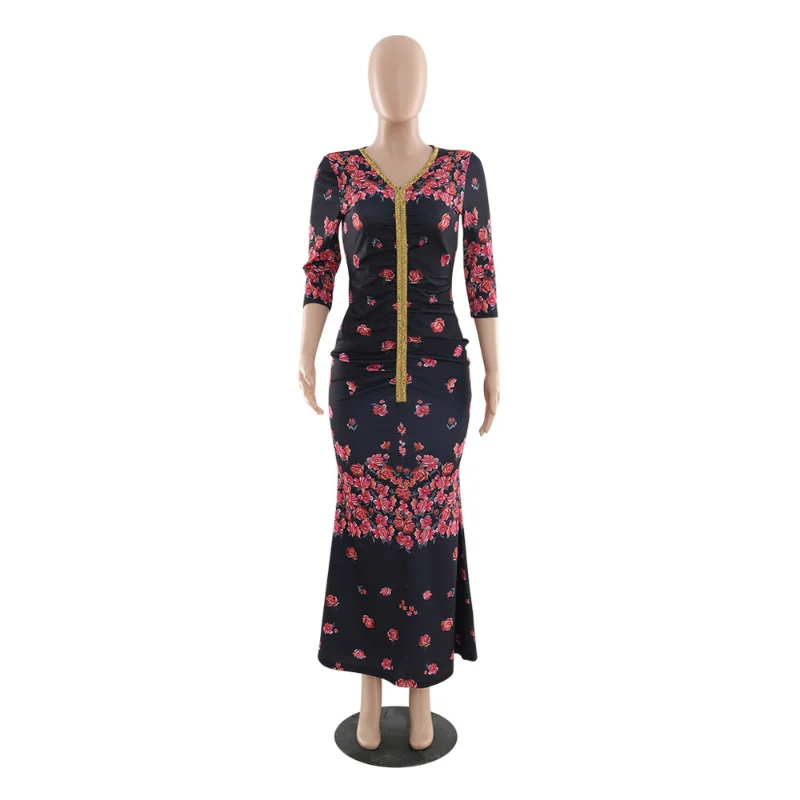 2023 Summer Spring elegant Style Muslim Women Long Sleeve V-neck Polyester Printing Long Dress Muslim Abaya Muslim Fashion Dress