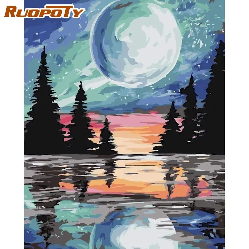 

RUOPOTY DIY Painting By Numbers Paint Kit Picture Coloring Handmade Moon Landscape Home Decors On Canvas Easy For Beginner