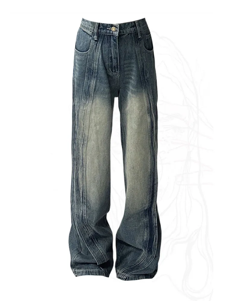 

Модные мешковатые голубые широкие брюки с эффектом потертости в Корейском стиле Осень-зима Шикарные Длинные брюки с высокой талией уличная одежда в американском стиле ретро