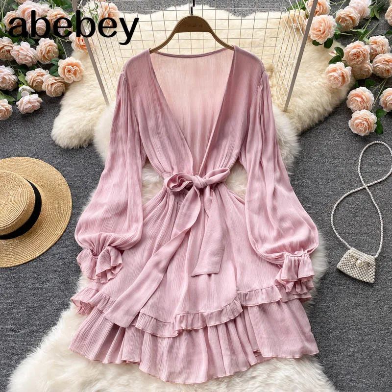 

Платье женское ТРАПЕЦИЕВИДНОЕ с оборками, модное эластичное милое уличное мини-платье в Корейском стиле, с длинным рукавом, V-образным вырез...