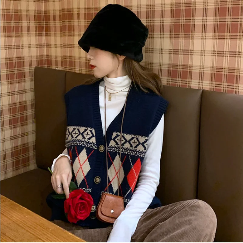 

Argyle Classic Vintage Elegant Chic V Neck Sleeveless Knitted Sweater Vest for Women Casual Pullovers Top Female Clothing E813