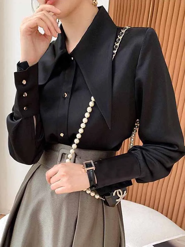 

Fashion Long Sleeve Slik Blouse Office Elegant Satin Women Shirts Casual Blusas Turn Down Collar Tops Lady Loose Clothes 24243