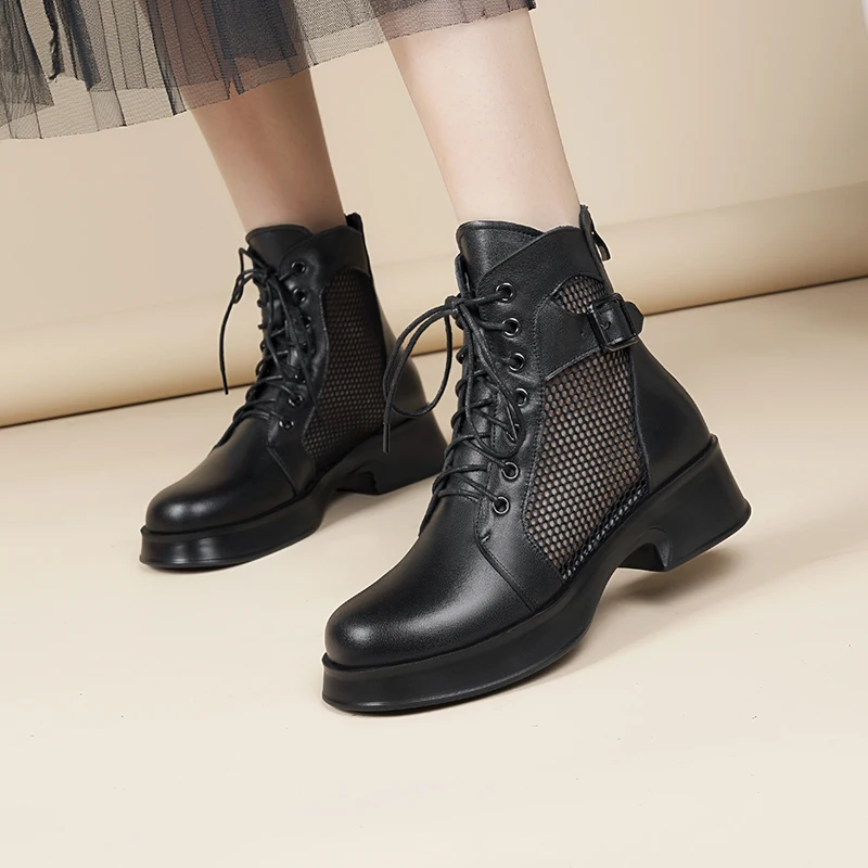 Women Summer Cool Boots Genuine Leather Fashion Women Short Boots Hollow Mesh British Style Large Size Mesh Boots For Women