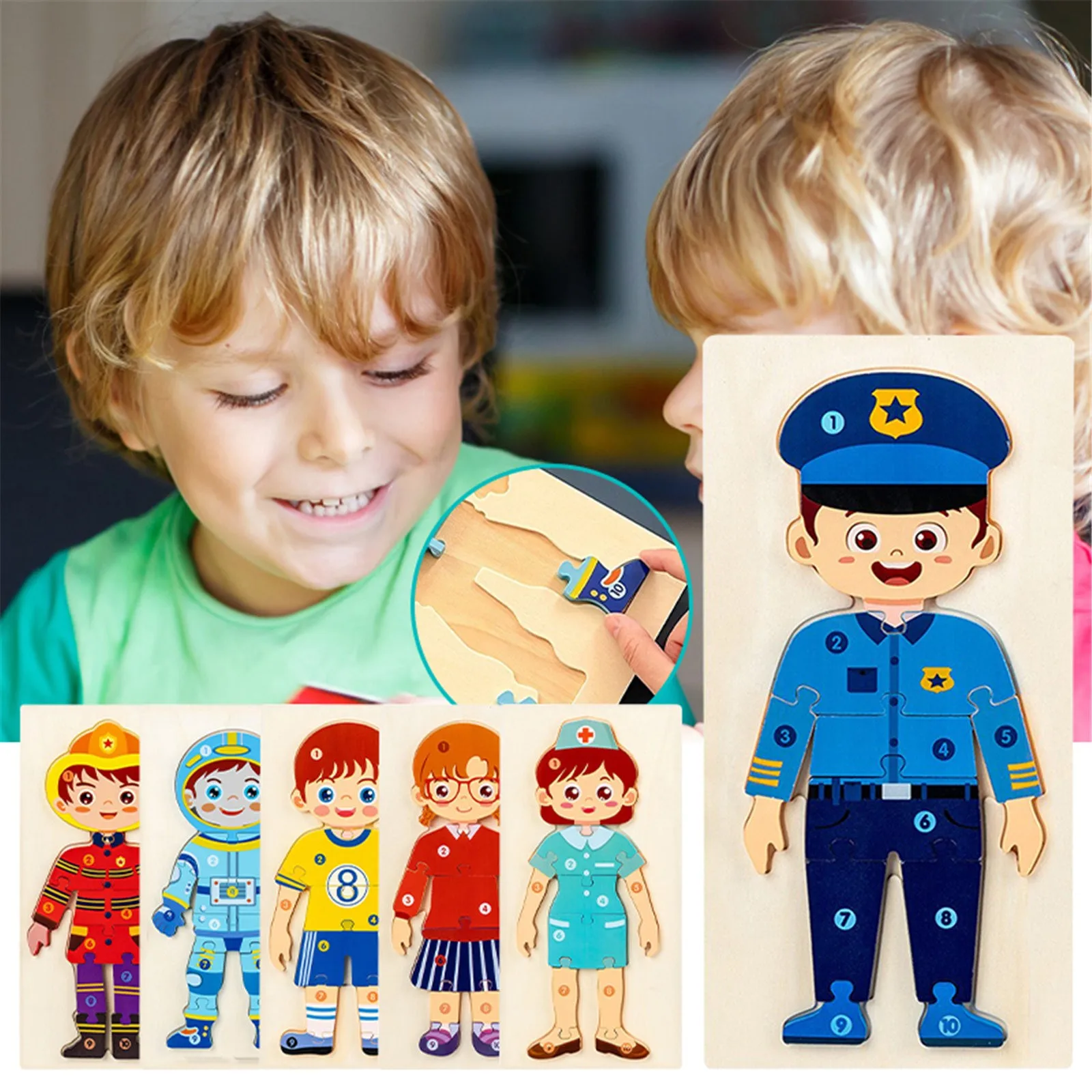 

Children's 3D Puzzle Characters Occupational Cognition Buckle Jigsaw Puzzle Early Education Puzzle Hand Grab Board Wooden Toys