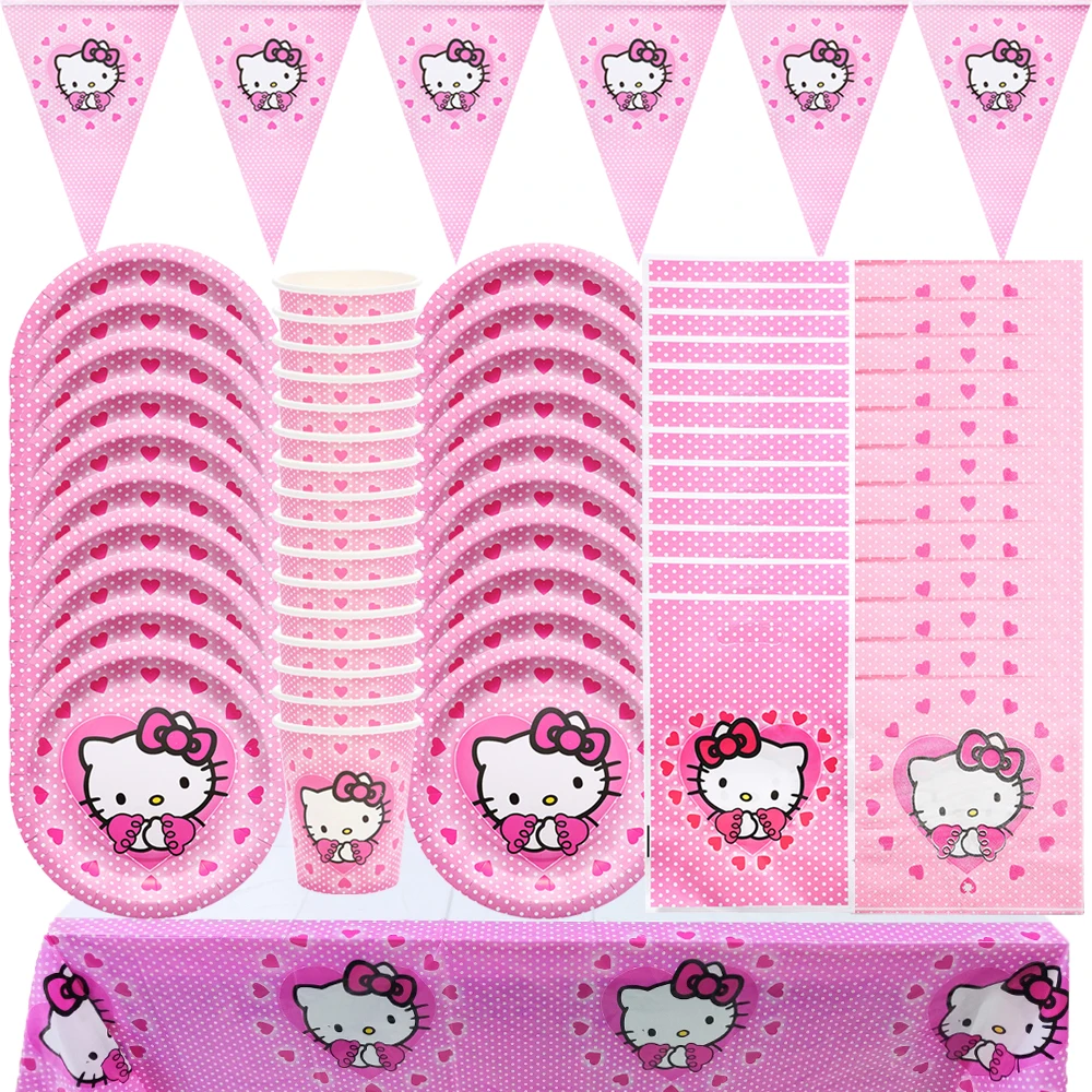 Hello Kitty Theme Baby Shower Girls Party Supplies Paper Cup Plate Tablecloth Kids Birthday Party Banner Wedding Decor Balloons