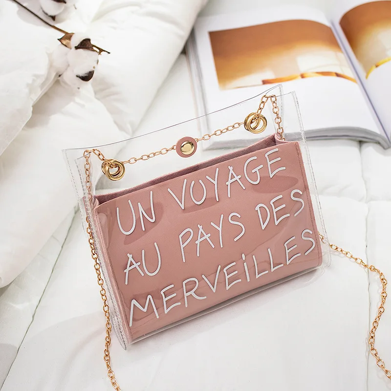 

Letter Print Transparent Clear PVC Jelly Shoulder Bag Women Girl Purse Handbag Long Chain Mini Crossbody Messenger Bags Purse