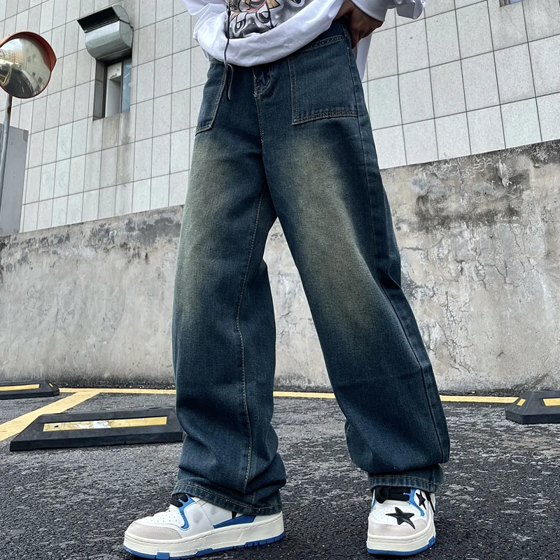 Men Clothing 2022 New Pattern Recreational Vintage Nostalgia Blue Jeans Straight Cylinder Loose Street Trousers Autumn Female