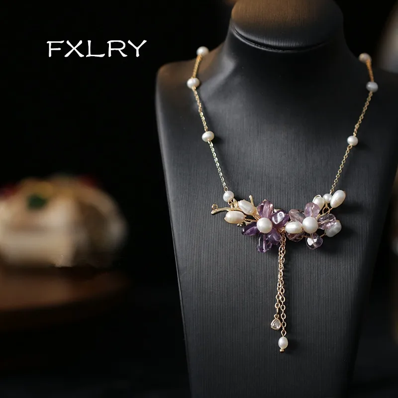 

FXLRY Original Handmade Fashion Natural Pearl Amethyst Flower Tassel Pendant Necklace For women jewelry