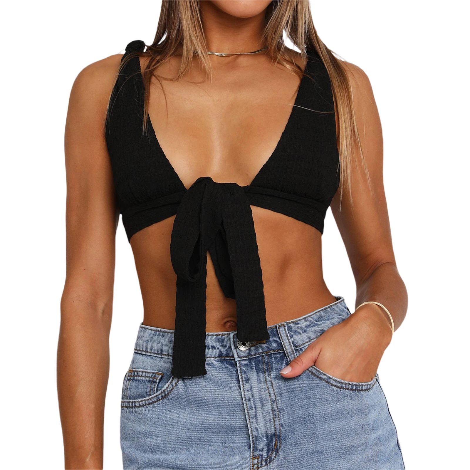 

Women Sleeveless Tank Tops Casual Tie Front Deep V Neck Basic Crop T-Shirt Streetwear Club Wear 2023 New Femme Summer Clothes