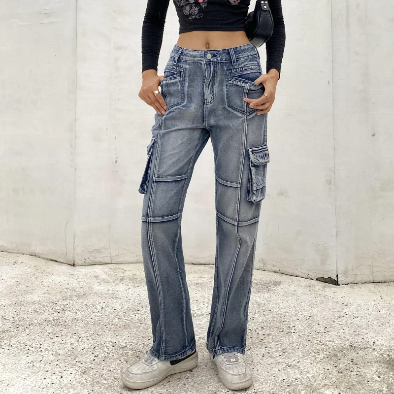 Vintage Jeans Woman Low Waisted Pockets Trousers Baggy Casual  women Denim Cargo Pants Women Straight Hot Korean Jeans 90s