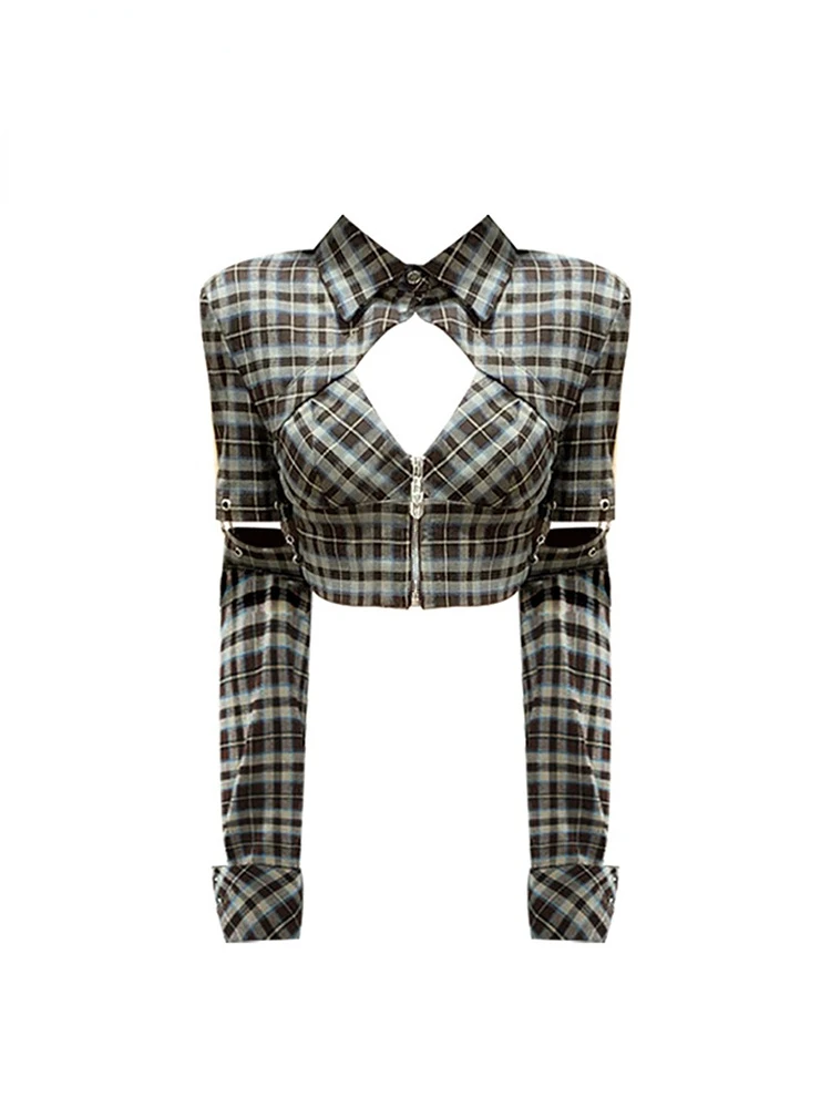 

2023 Fashion Women's Blouses Patchwork Casual Long Sleeve Korean Chic Hollow Out Plaid Shirts Elegant Y2k Female Polo Blusas Top