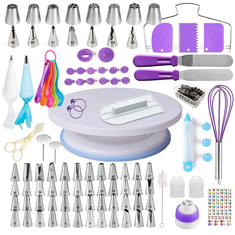 137Pcs/Set Stainless Steel/Plastic Purple Pastry Bag Piping Nozzle Kitchen Bakey Supplies Cake Turntable Baking Tools Bakeware