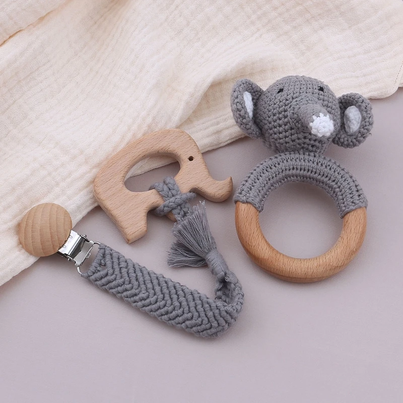 

1 Set Baby Wooden Teether Ring Pacifier Clip Chain Dummy Nipple Holder DIY Crochet Rattle Soother Infants Teething Toy