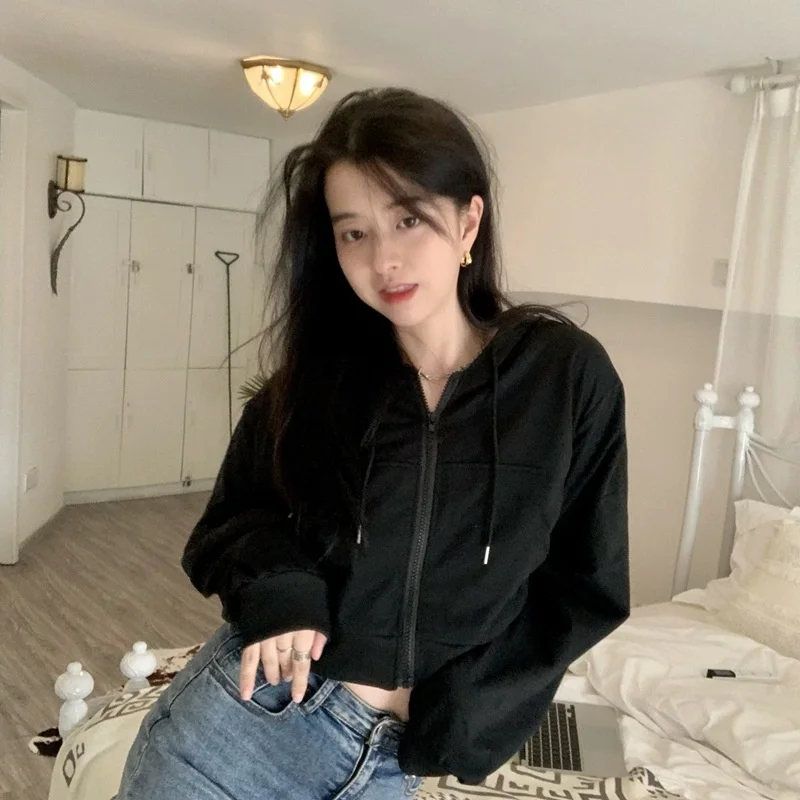 

Cotton short open navel cardigan zipper hooded sportswear women's spring and autumn casual coat women's wear