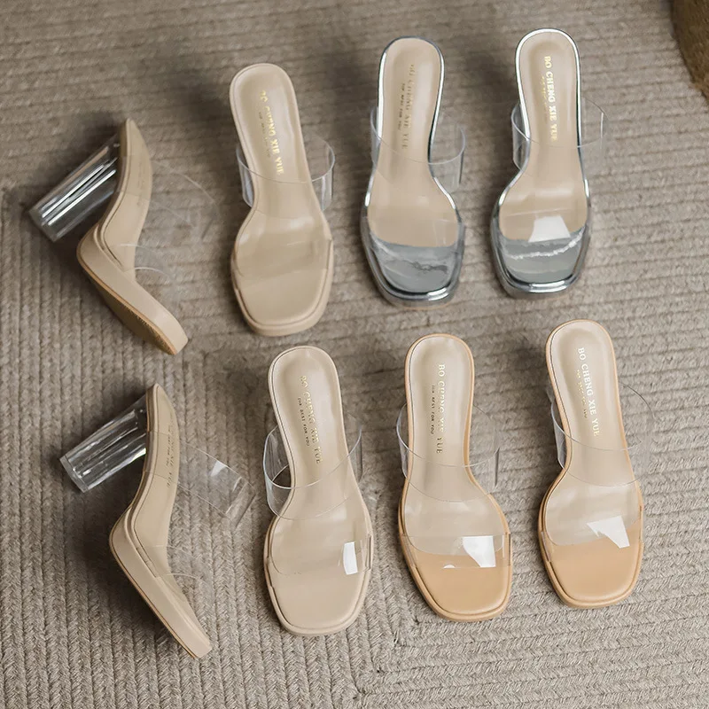 Шлепанцы женские на платформе прозрачные тапочки среднем каблуке блестящие из