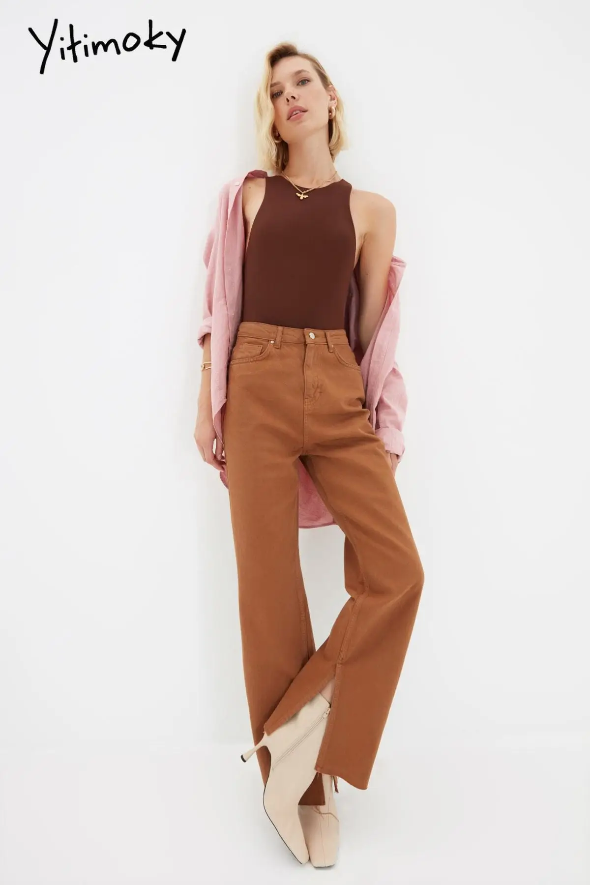 

Yitimoky 2022 Fashion Ripped Detail Slits High Bel 90's Wide Leg Denim Pants Women Bottom Clothing Stylish Casual