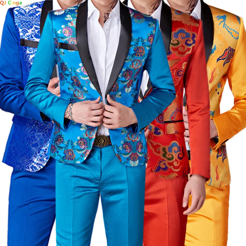 

2022 New Men's Casual Business Host Flower Suit Coat Pants 2 Pcs Sets/ Men Colorful Slim Fit Blazers Jacket Trousers S-4XL