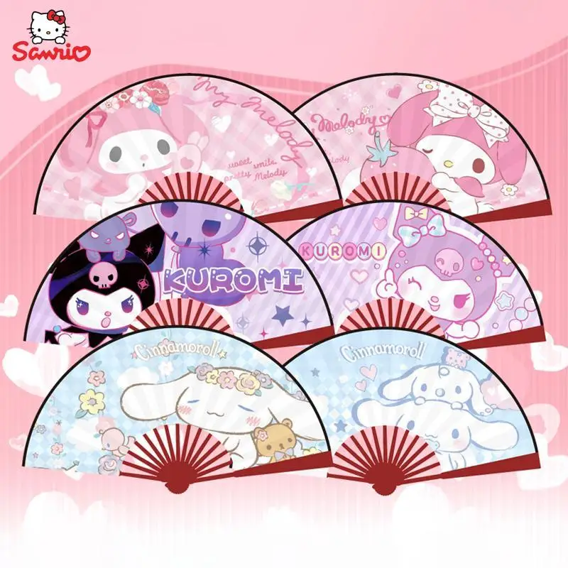 Sanrio Kuromi Folding Fan Cinnamoroll My Melody Cartoon Silk Cloth Folding Fan Female Fan Home Decoration Bamboo Handle Hand Fan