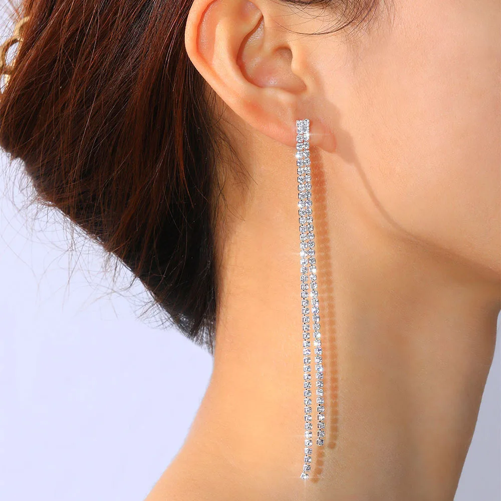 

TREAZY Simple Rhinestones Crystal Tassels Long Earrings for Women Shining Wedding Party Hanging Dangle Earrings Bridal Brincos